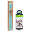 Easter Set, Children's thermal stainless steel bottle with safety straw, green/blue (350ml) & aromatic flat Easter candle (30cm) (TURQUOISE)