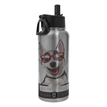 Warning, beware of Dog, Metal mug thermo Silver with Straw and Spout Lid (Stainless steel), double wall, 950ml