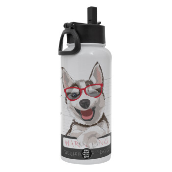 Warning, beware of Dog, Metal mug thermo White with Straw and Spout Lid (Stainless steel), double wall, 950ml