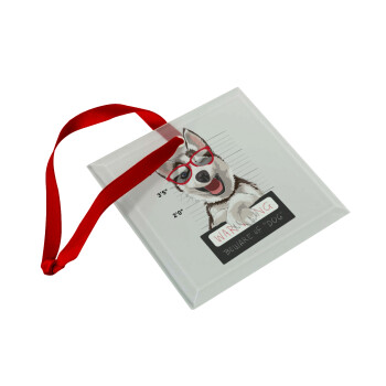 Warning, beware of Dog, Christmas ornament, glass square ornament 9x9cm