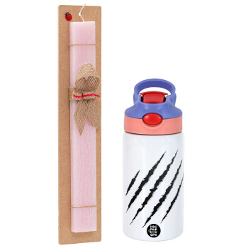 Claw scratch, Easter Set, Children's thermal stainless steel water bottle with safety straw, pink/purple (350ml) & Easter scented flat candle (30cm) (PINK)