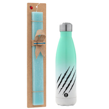 Claw scratch, Easter Set, Metallic green/white thermos (Stainless steel), double-walled, 500ml & scented flat Easter candle (30cm) (TURQUOISE)