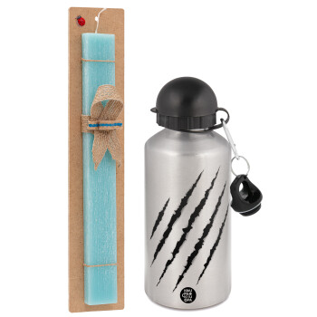 Claw scratch, Easter Set, metallic silver aluminum water bottle (500ml) & scented flat Easter candle (30cm) (TURQUOISE)