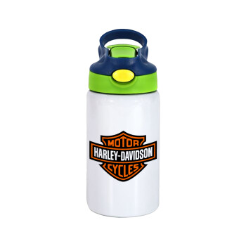 Motor Harley Davidson, Children's hot water bottle, stainless steel, with safety straw, green, blue (350ml)