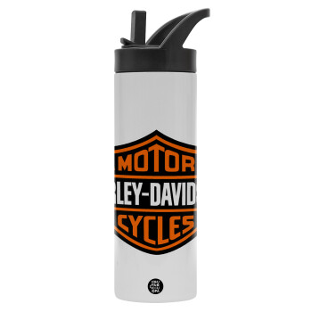 Motor Harley Davidson, Metallic thermos bottle with straw & handle, stainless steel (Stainless steel 304), double-walled, 600ml.