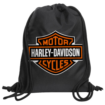Motor Harley Davidson, Τσάντα πλάτης πουγκί GYMBAG Μαύρη, με τσέπη (40x48cm) & χονδρά κορδόνια