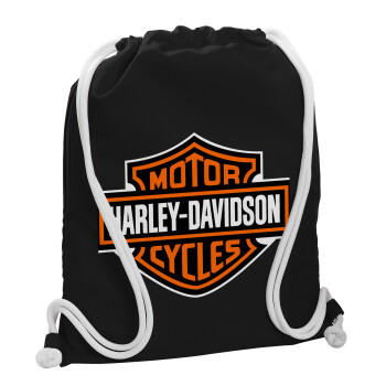 Motor Harley Davidson, Backpack pouch GYMBAG Black, with pocket (40x48cm) & thick white cords