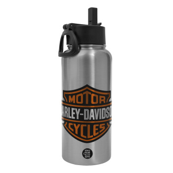 Motor Harley Davidson, Metal mug thermo Silver with Straw and Spout Lid (Stainless steel), double wall, 950ml