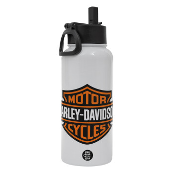 Motor Harley Davidson, Metal mug thermo White with Straw and Spout Lid (Stainless steel), double wall, 950ml