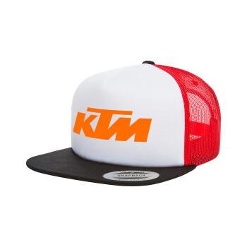 KTM, Adult Foam Flat Snapback with Mesh Black-White-Red (POLYESTER, ADULT, UNISEX, ONE SIZE)