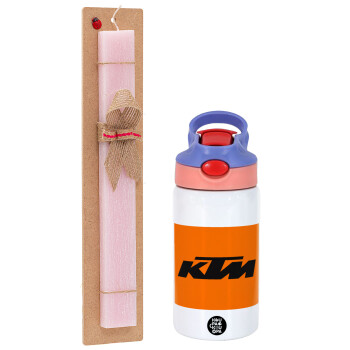 KTM, Easter Set, Children's thermal stainless steel water bottle with safety straw, pink/purple (350ml) & Easter scented flat candle (30cm) (PINK)