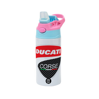 Ducati, Children's hot water bottle, stainless steel, with safety straw, Pink/BlueCiel (360ml) BPA FREE