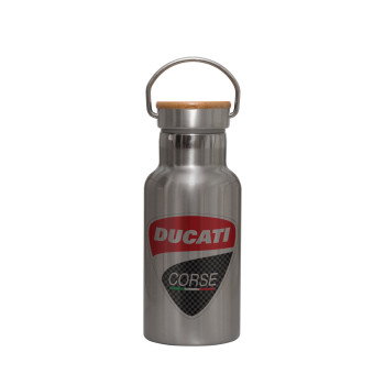 Ducati, Μεταλλικό παγούρι θερμός (Stainless steel) Ασημένιο με ξύλινο καπακι (bamboo), διπλού τοιχώματος, 350ml