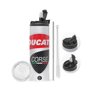 Ducati, Travel Tumbler θερμό με διπλό καπάκι, μεταλλικό καλαμάκι και βούρτσα καθαρισμού (Ανωξείδωτο 304 Food grade, BPA free, 600ml)