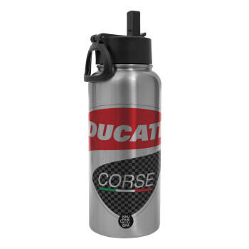 Ducati, Μεταλλικό παγούρι θερμός Silver με καλαμάκι και χερούλι (Stainless steel), διπλού τοιχώματος, 950ml