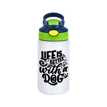 Life is better with a DOG, Children's hot water bottle, stainless steel, with safety straw, green, blue (350ml)