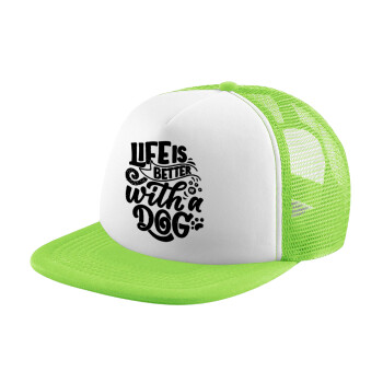 Life is better with a DOG, Καπέλο παιδικό Soft Trucker με Δίχτυ ΠΡΑΣΙΝΟ/ΛΕΥΚΟ (POLYESTER, ΠΑΙΔΙΚΟ, ONE SIZE)