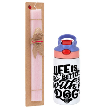 Life is better with a DOG, Easter Set, Children's thermal stainless steel water bottle with safety straw, pink/purple (350ml) & Easter scented flat candle (30cm) (PINK)