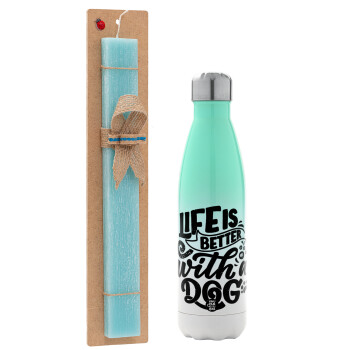 Life is better with a DOG, Easter Set, Metallic green/white thermos (Stainless steel), double-walled, 500ml & scented flat Easter candle (30cm) (TURQUOISE)