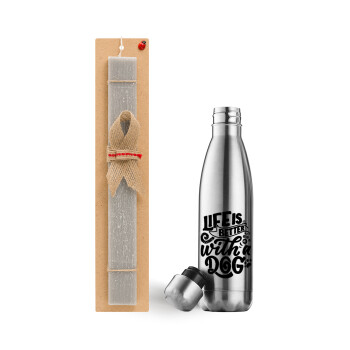 Life is better with a DOG, Easter Set, metallic stainless thermos flask (500ml) & scented flat Easter candle (30cm) (GRAY)