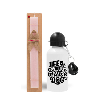 Life is better with a DOG, Easter Set, metallic aluminum bottle (500ml) & aromatic flat Easter candle (30cm) (PINK)