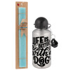 Easter Set, metallic silver aluminum water bottle (500ml) & scented flat Easter candle (30cm) (TURQUOISE)