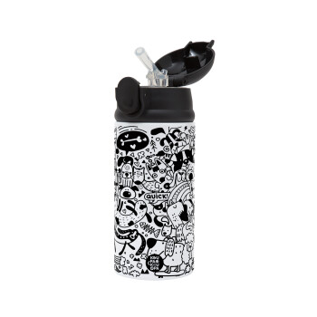 DOG pattern, Children's hot water bottle, stainless steel, with safety straw, Black (360ml) BPA-FREE