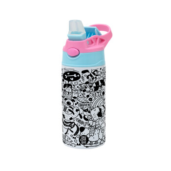 DOG pattern, Children's hot water bottle, stainless steel, with safety straw, Pink/BlueCiel (360ml) BPA FREE