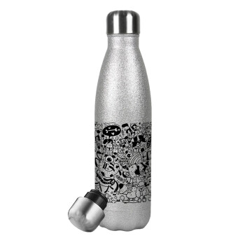 DOG pattern, Metallic Glitter Silver Thermos Flask (Stainless steel), double-walled, 500ml