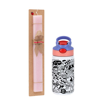 DOG pattern, Easter Set, Children's thermal stainless steel water bottle with safety straw, pink/purple (350ml) & Easter scented flat candle (30cm) (PINK)