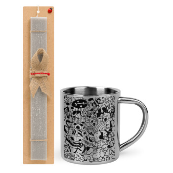 DOG pattern, Easter Set, metallic thermal cup (300ml) & Easter aromatic flat candle (30cm) (GRAY)