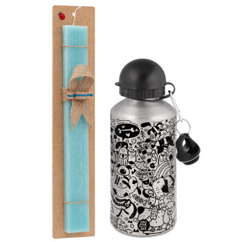 DOG pattern, Easter Set, metallic silver aluminum water bottle (500ml) & scented flat Easter candle (30cm) (TURQUOISE)