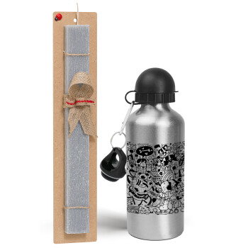 DOG pattern, Easter Set, metallic silver aluminum water bottle (500ml) & aromatic flat Easter candle (30cm) (GRAY)