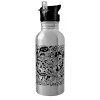 Water bottle Silver with straw, stainless steel 600ml