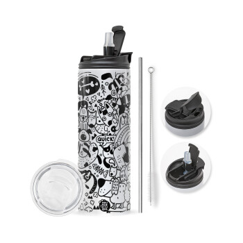 DOG pattern, Travel Tumbler 2 Lids, with metal straw & cleaning brush (Stainless steel 304 Food grade, BPA free, 600ml)