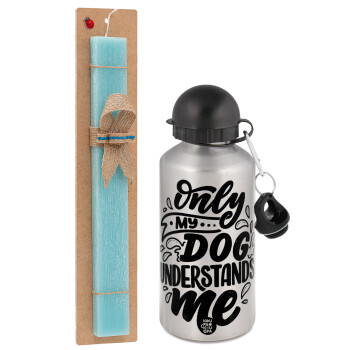 Only my DOG, understands me, Easter Set, metallic silver aluminum water bottle (500ml) & scented flat Easter candle (30cm) (TURQUOISE)