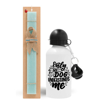 Only my DOG, understands me, Easter Set, metallic aluminum water bottle (500ml) & scented flat candle (30cm) (TURQUOISE)