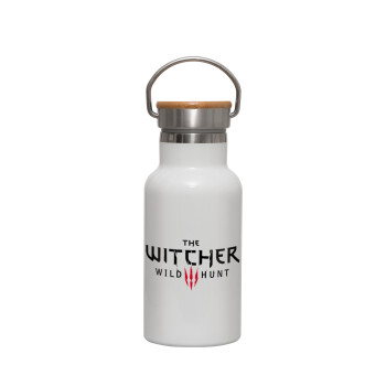 The witcher III wild hunt, Μεταλλικό παγούρι θερμός (Stainless steel) Λευκό με ξύλινο καπακι (bamboo), διπλού τοιχώματος, 350ml