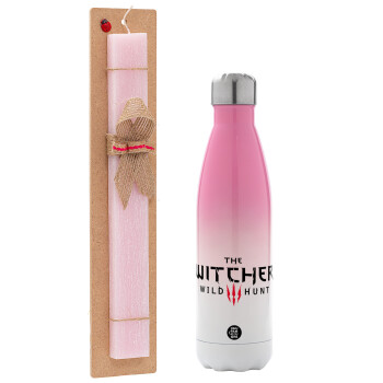 The witcher III wild hunt, Easter Set, Metallic pink/white (Stainless steel) thermos, double-walled, 500ml & aromatic flat Easter candle (30cm) (PINK)