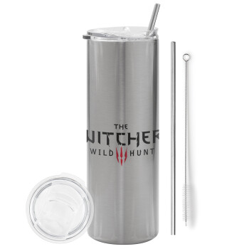 The witcher III wild hunt, Tumbler ποτήρι θερμό Ασημένιο από ανοξείδωτο ατσάλι 600ml, με μεταλλικό καλαμάκι & βούρτσα καθαρισμού