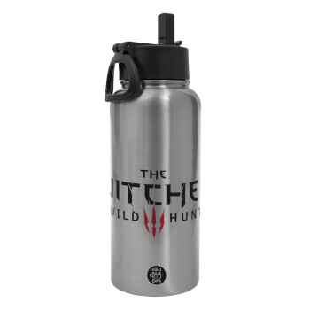 The witcher III wild hunt, Metal mug thermo Silver with Straw and Spout Lid (Stainless steel), double wall, 950ml