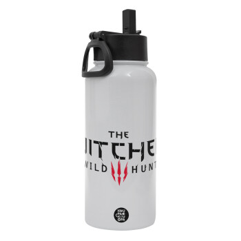 The witcher III wild hunt, Metal mug thermo White with Straw and Spout Lid (Stainless steel), double wall, 950ml