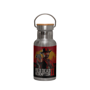 Red Dead Redemption 2, Stainless steel metallic thermos flask, silver with a bamboo lid, double-walled, 350ml.