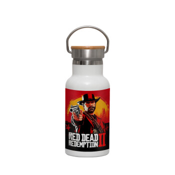 Red Dead Redemption 2, Metallic thermos (Stainless steel) White with wooden lid (bamboo), double-walled, 350ml