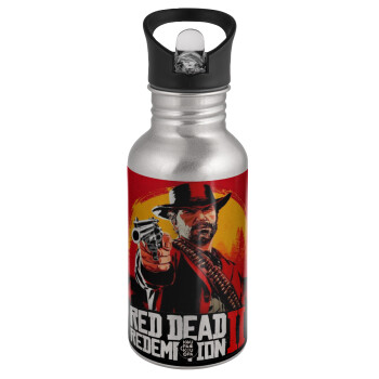 Red Dead Redemption 2, Water bottle Silver with straw, stainless steel 500ml