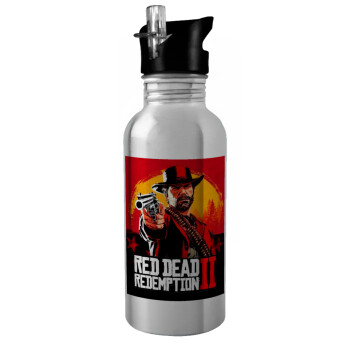 Red Dead Redemption 2, Water bottle Silver with straw, stainless steel 600ml
