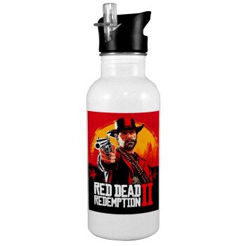 Red Dead Redemption 2, White water bottle with straw, stainless steel 600ml