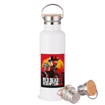 Red Dead Redemption 2, Μεταλλικό παγούρι θερμός (Stainless steel) Λευκό με ξύλινο καπακι (bamboo), διπλού τοιχώματος, 750ml