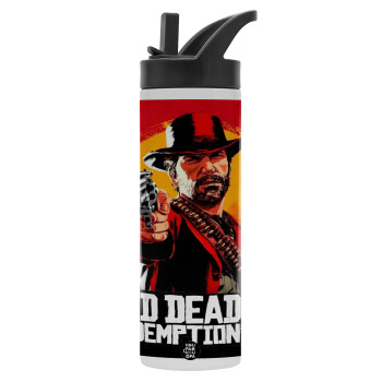 Red Dead Redemption 2, Μεταλλικό παγούρι θερμός με καλαμάκι & χειρολαβή, ανοξείδωτο ατσάλι (Stainless steel 304), διπλού τοιχώματος, 600ml