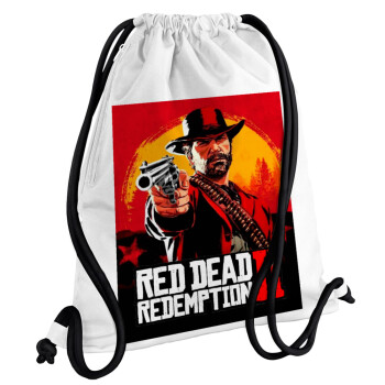 Red Dead Redemption 2, Τσάντα πλάτης πουγκί GYMBAG λευκή, με τσέπη (40x48cm) & χονδρά κορδόνια